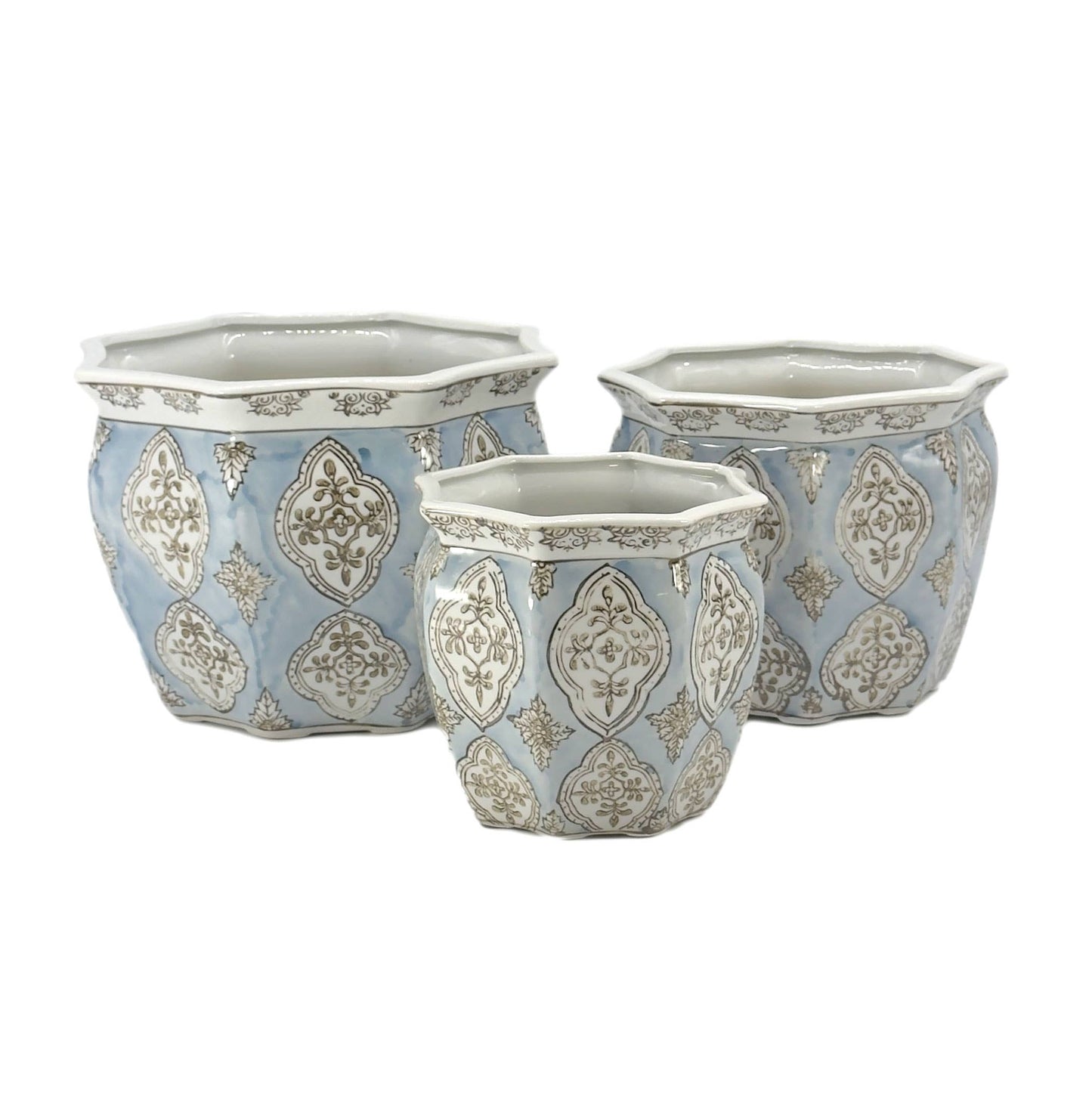 Set of 3 - 7.5"/10"/13" Ceramic Chinoiserie Planter Pot Set
