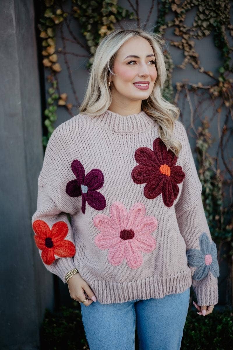 Tan Floral Lightweight Knit Sweater
