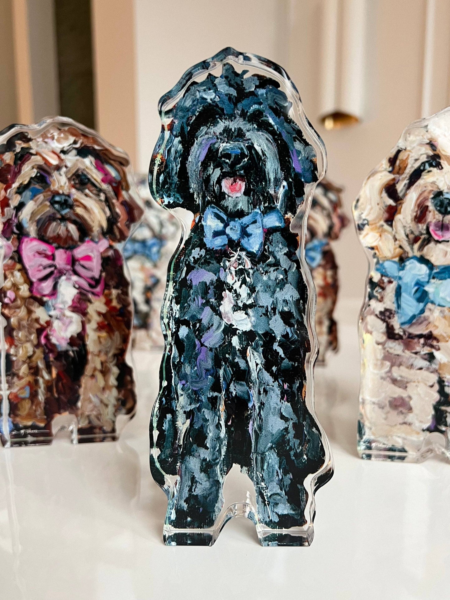 "Golden Doodle Black With Blue Bow" acrylic WHOLESALE