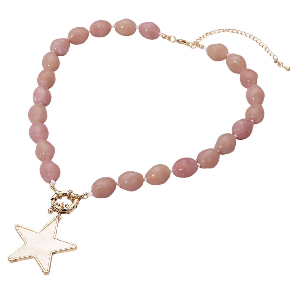 Mother of Pearl Star Pendant Marbled Pebble Beaded Necklace