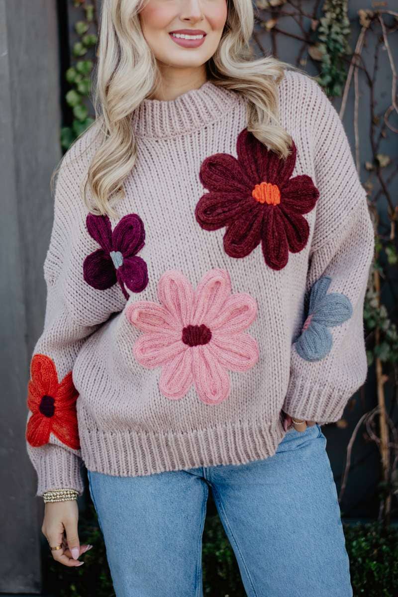Tan Floral Lightweight Knit Sweater