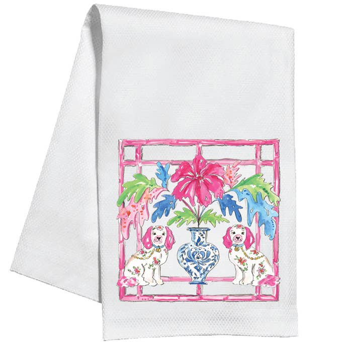 Pink Staffordshire Dogs with Pink Cane Border Kitchen Towel