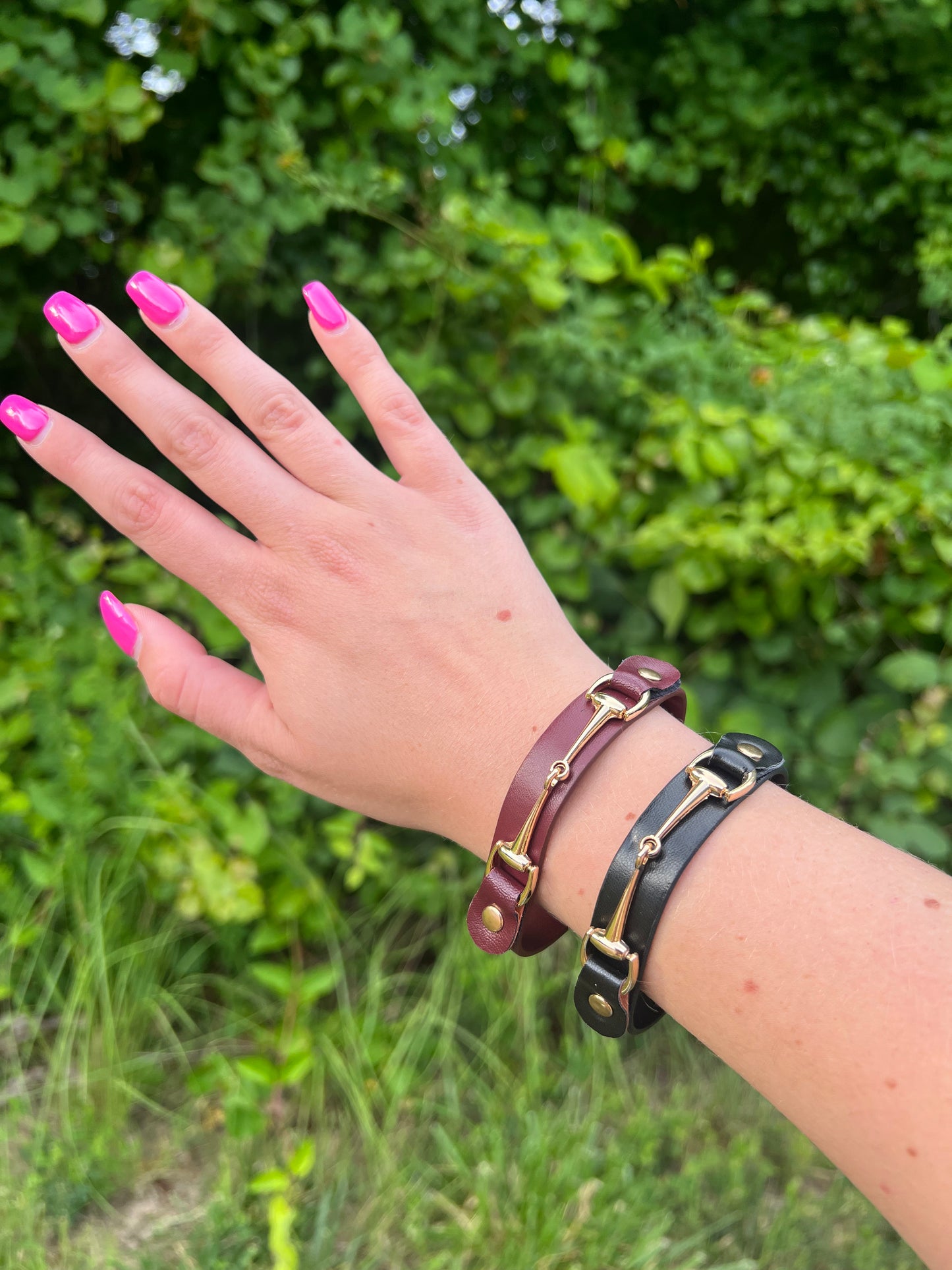 Brown Leather Bracelet with Gold Tone Snaffle Bit