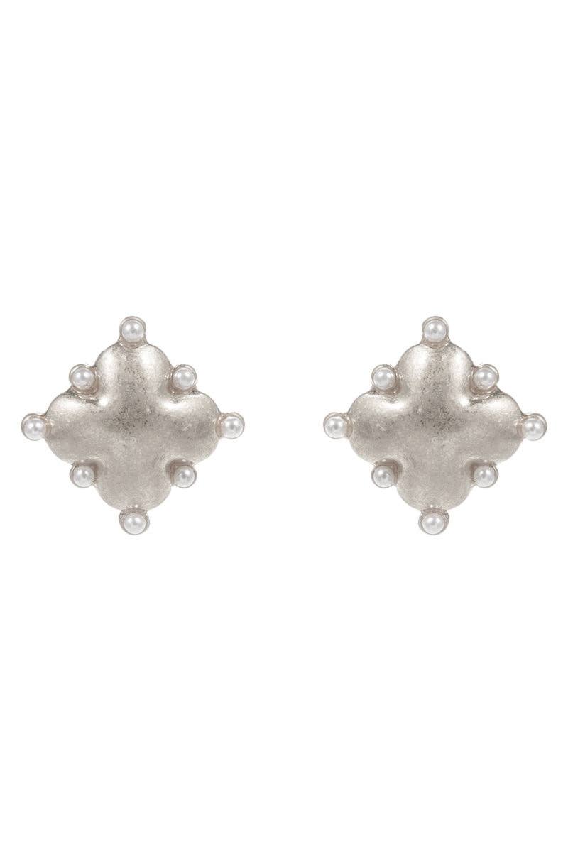 Clover Domed W Pearl Accent Titanium Post Earrings