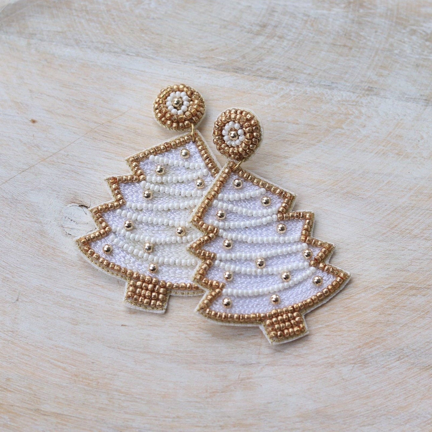 Custom Beaded White Christmas Tree Earring | HOLIDAY EARRINGS