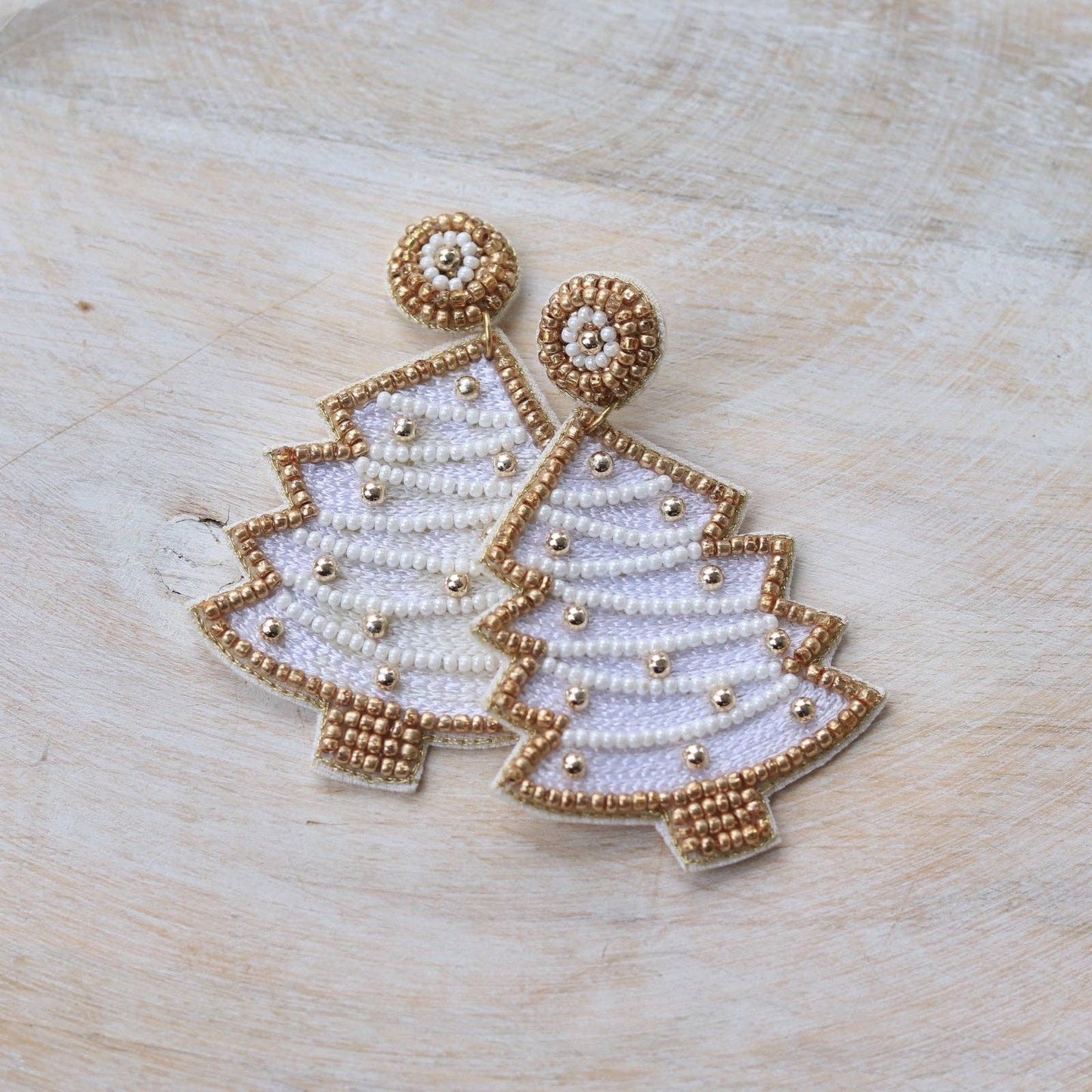 Custom Beaded White Christmas Tree Earring | HOLIDAY EARRINGS