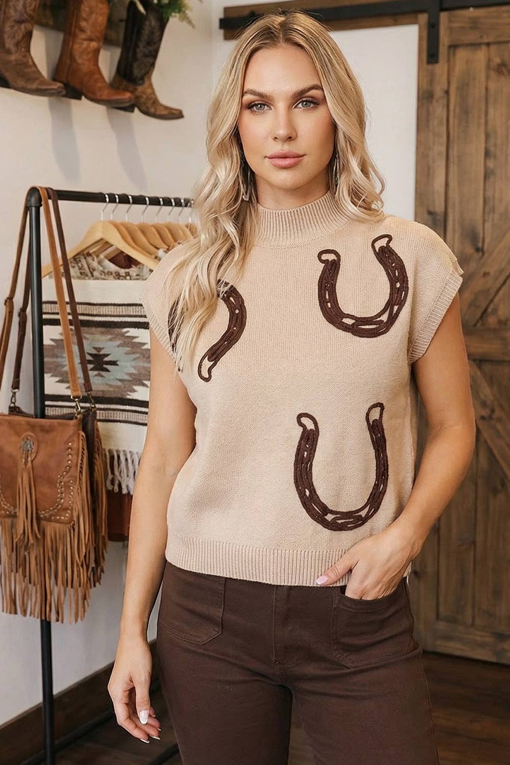 Spring Western Print Mock Neck Short Sleeve Knit Sweater