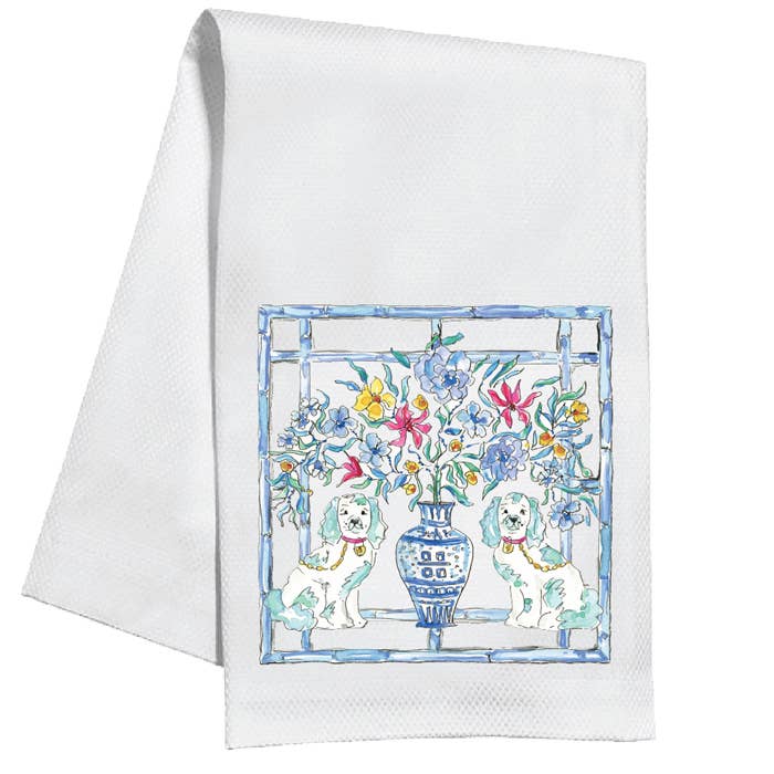 Teal Staffordshire Dogs with Blue Cane Border Kitchen Towel