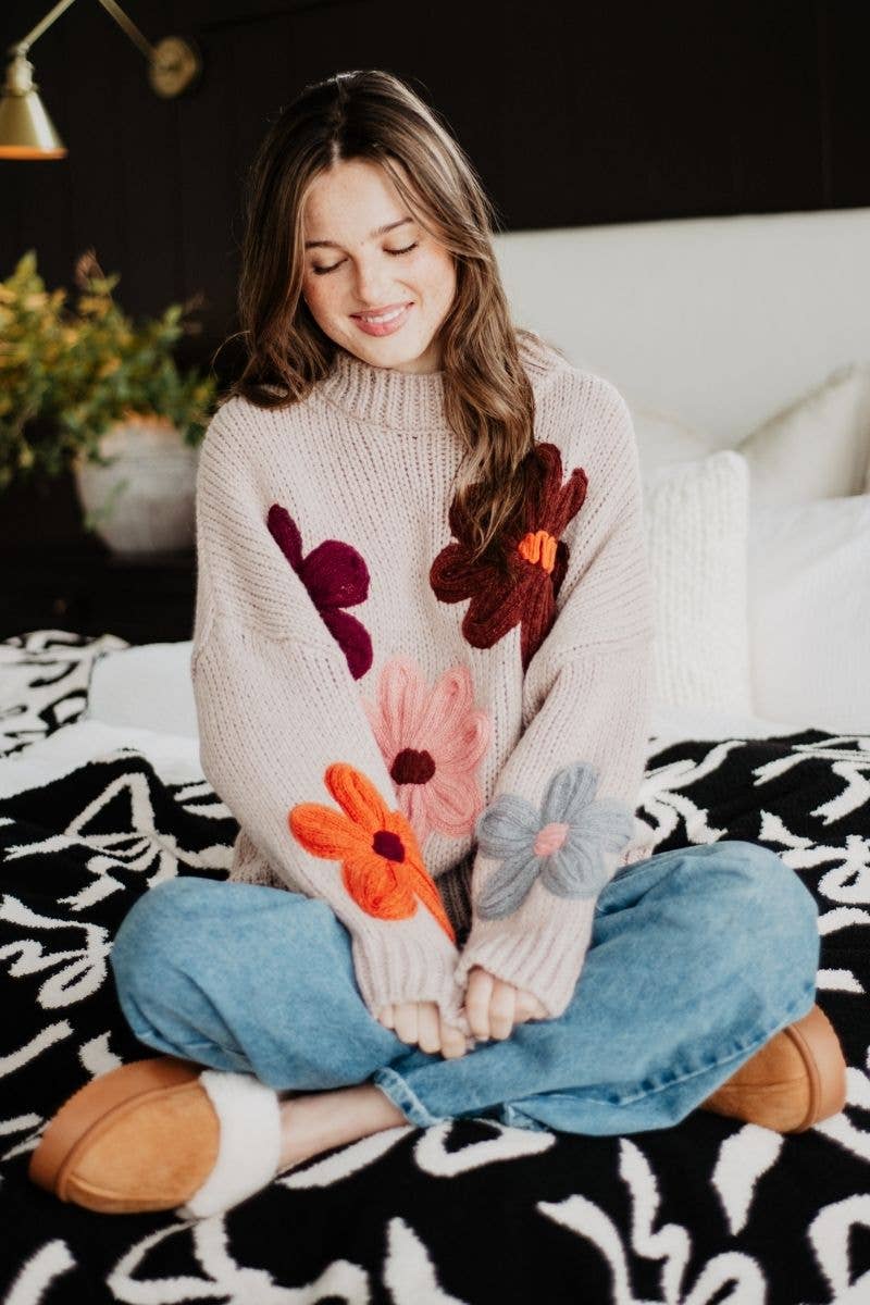 Tan Floral Lightweight Knit Sweater