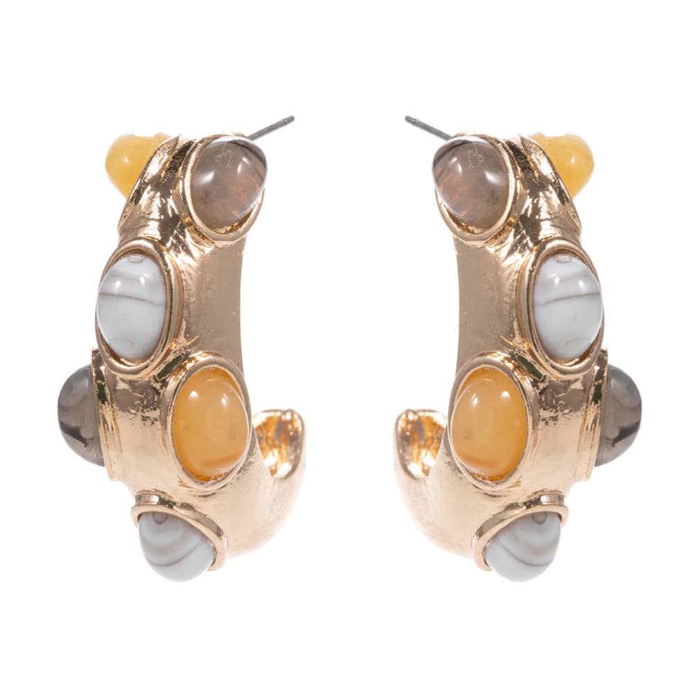 Oval Stone Embellished Chunky Hoop Earrings