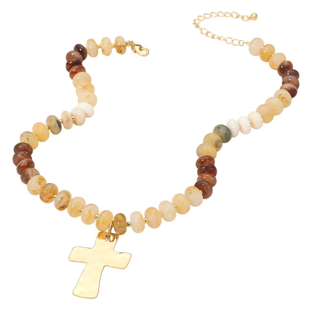 18K Gold Dipped Hammered Cross Plate Pendant Chunky Resin Disc Beaded Necklace