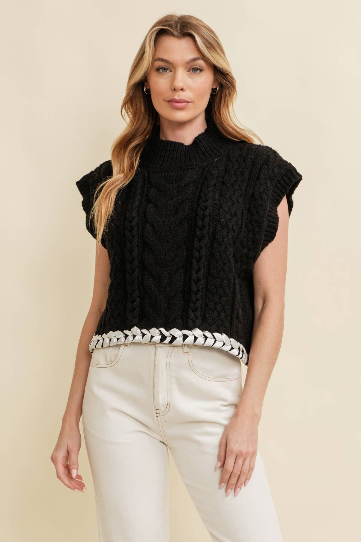 CSW13362K - CABLE KNIT DROP SHOULDER CONTRAST STITCH SWEATER