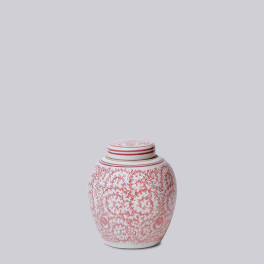 Red and White Porcelain Scrolling Peony Round Jar
