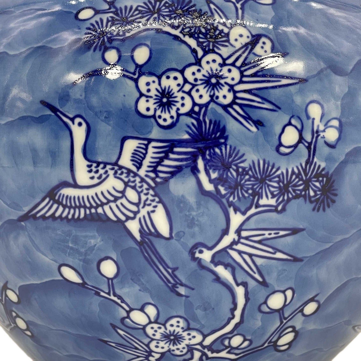 Blue & White Crane Porcelain Chinoiserie Ginger Jar 8"
