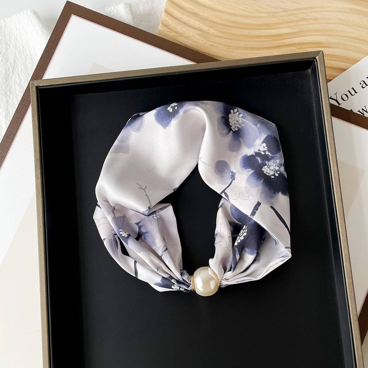 Silky Print Scarf Necklace – Pearl Magnetic Clasp_CWASC0820