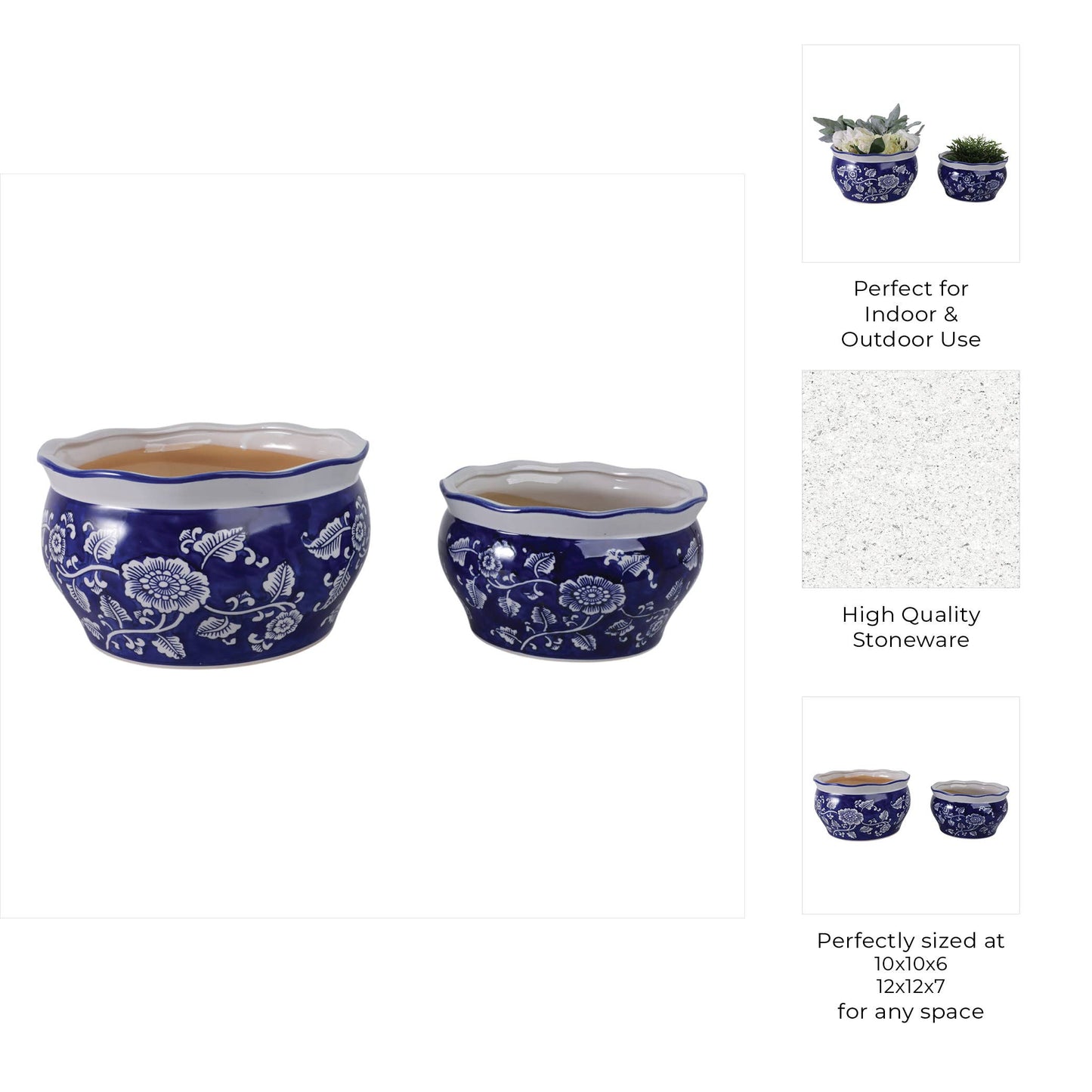 Ceramic Chinoiserie Planters Set of 2 - Blue, 10/12 in.