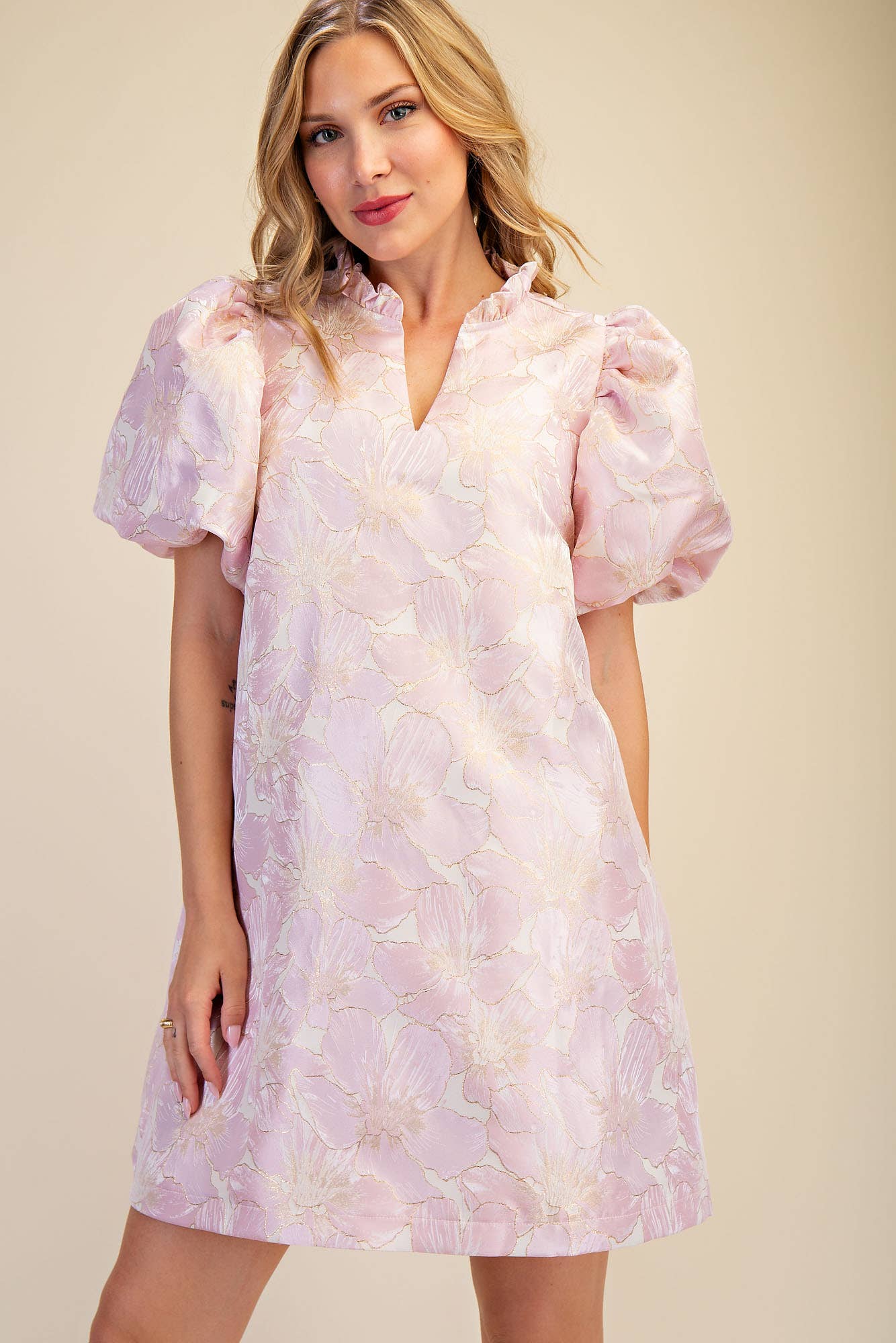 Ruffle V-Neck Puff Sleeve Mini Dress