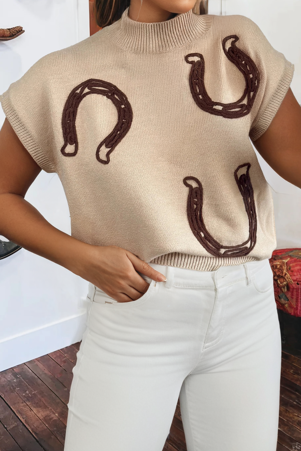 Spring Western Print Mock Neck Short Sleeve Knit Sweater