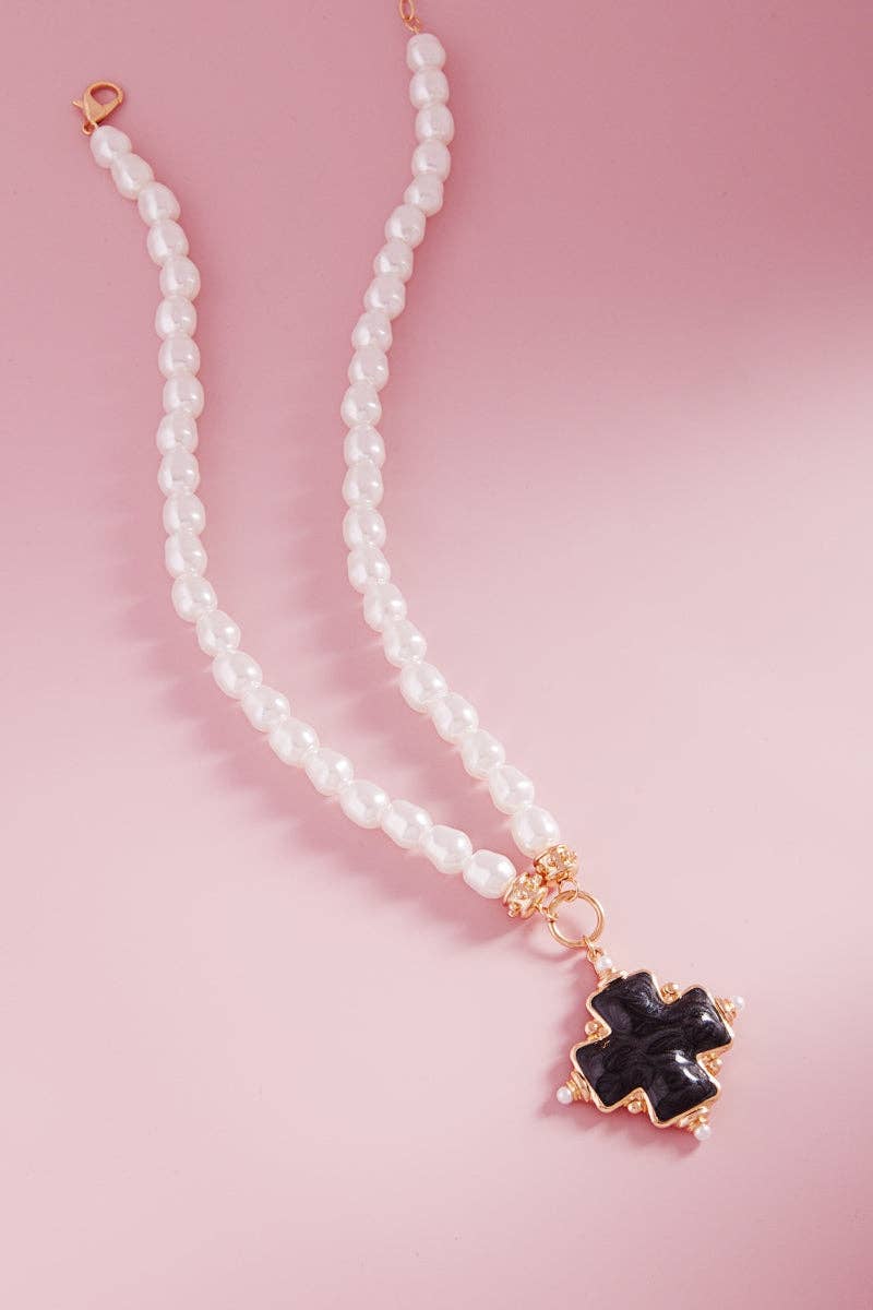 Cross Pearlized Color Enamel Pearls Short Necklace