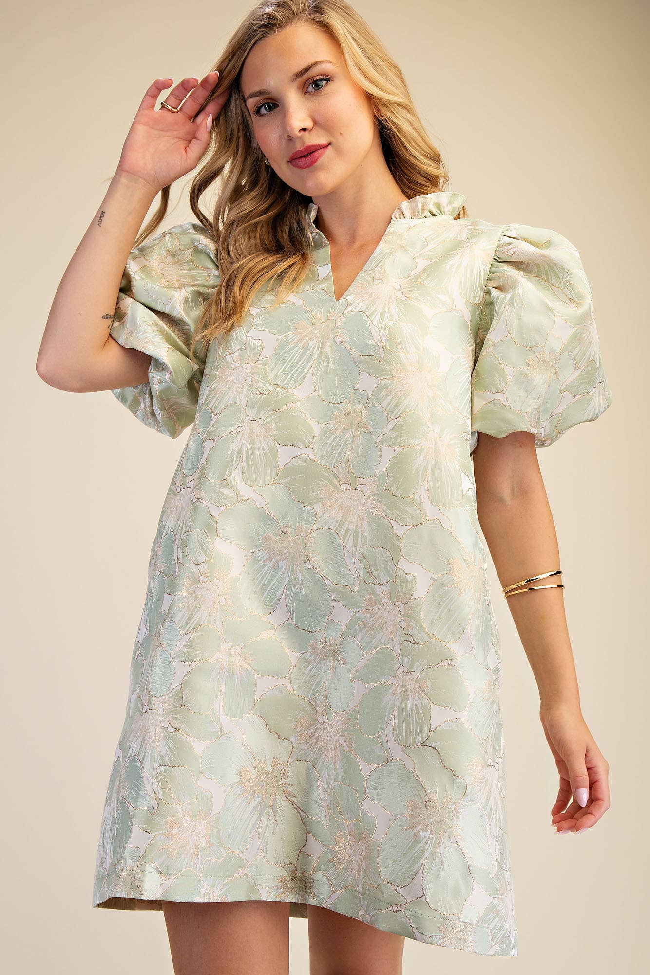 Ruffle V-Neck Puff Sleeve Mini Dress