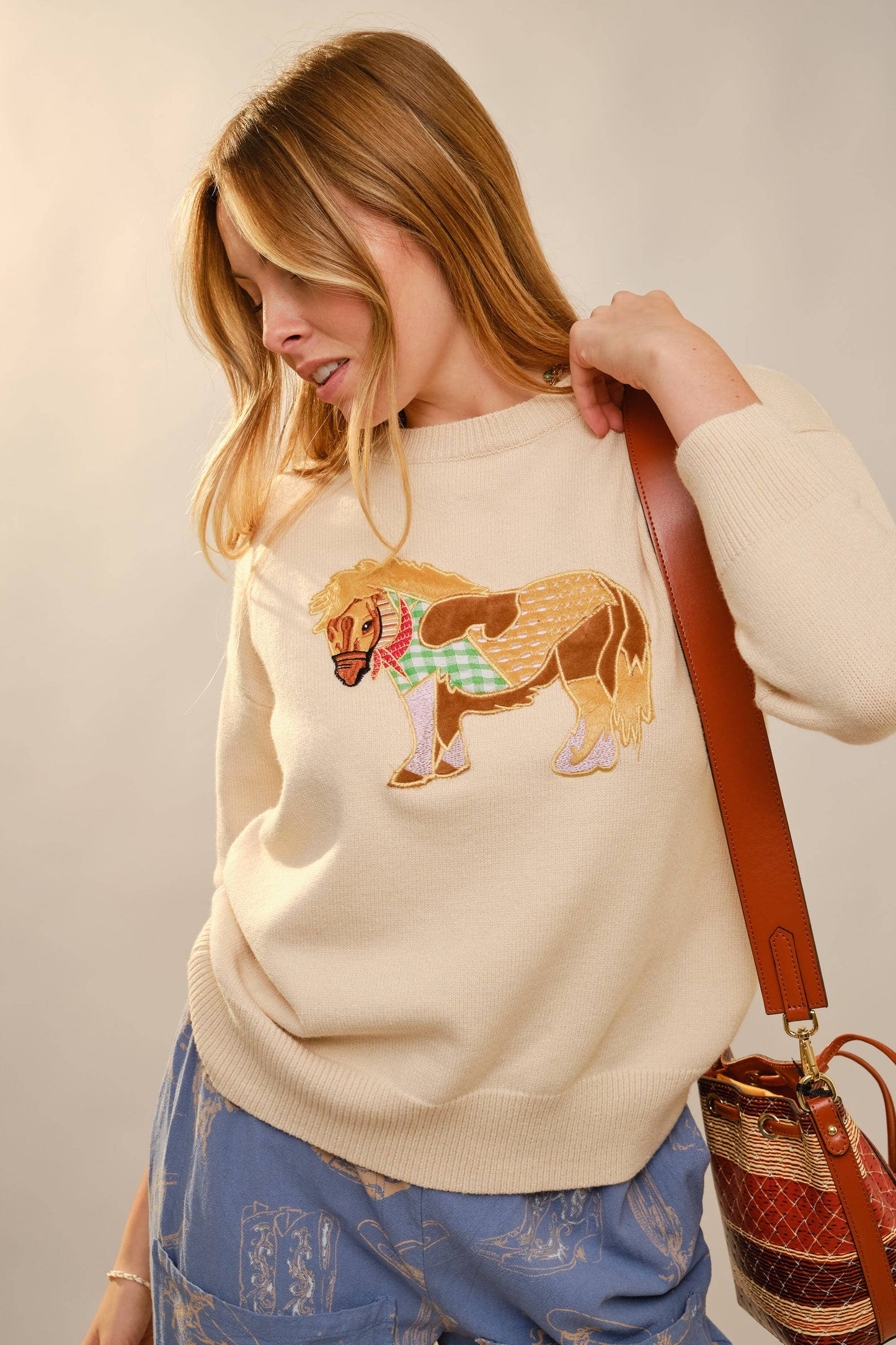 52269W Pony Embroidery Crew Neck Pull Over Sweater