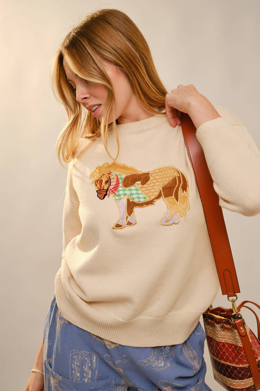 52269W Pony Embroidery Crew Neck Pull Over Sweater