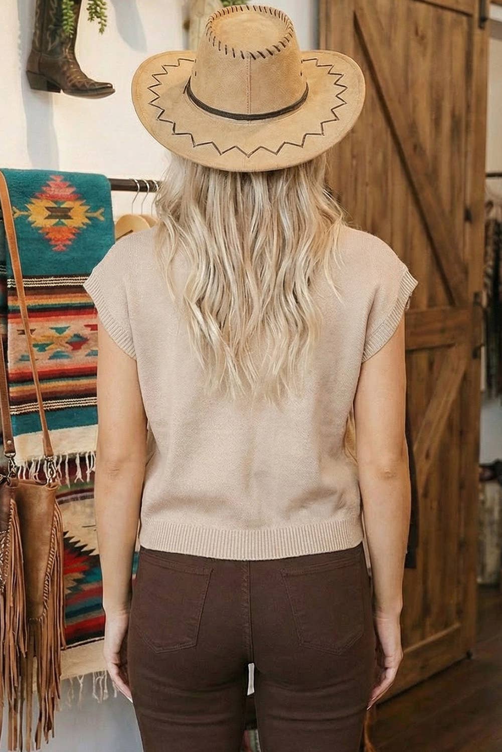 Spring Western Print Mock Neck Short Sleeve Knit Sweater
