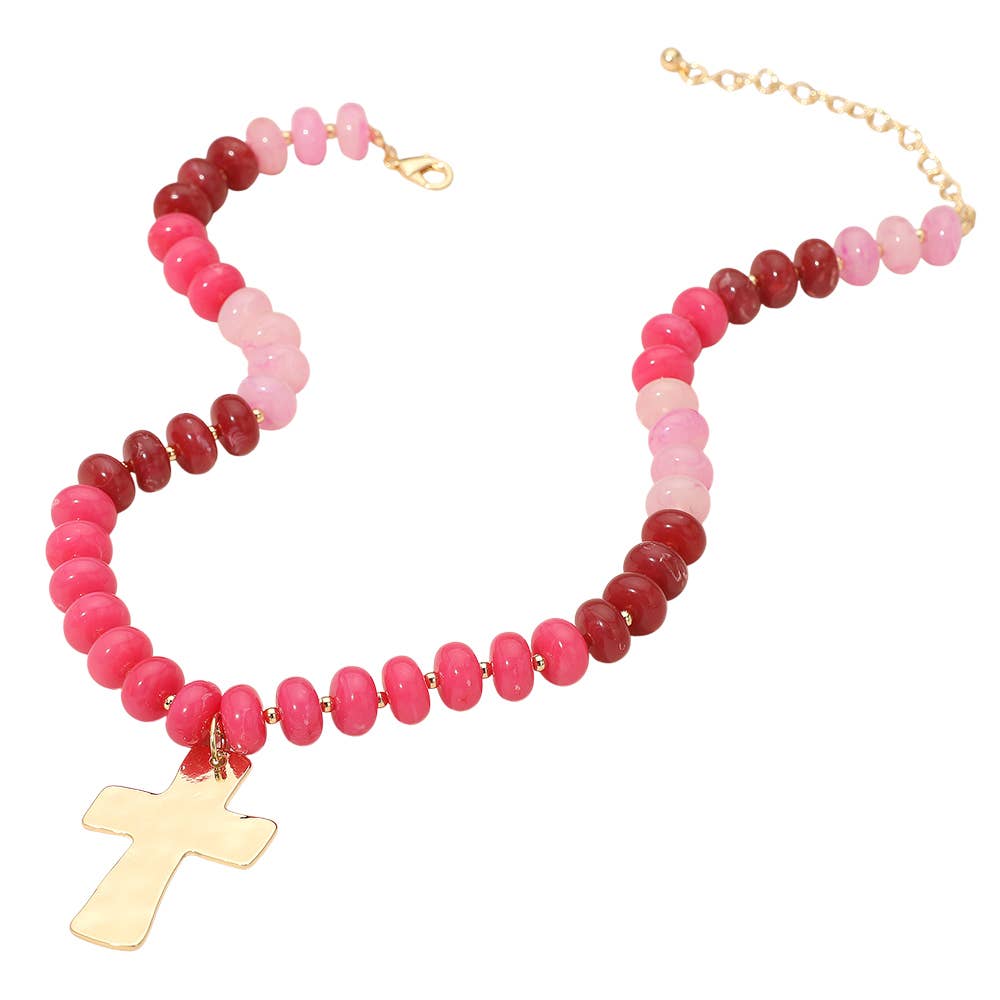 18K Gold Dipped Hammered Cross Plate Pendant Chunky Resin Disc Beaded Necklace