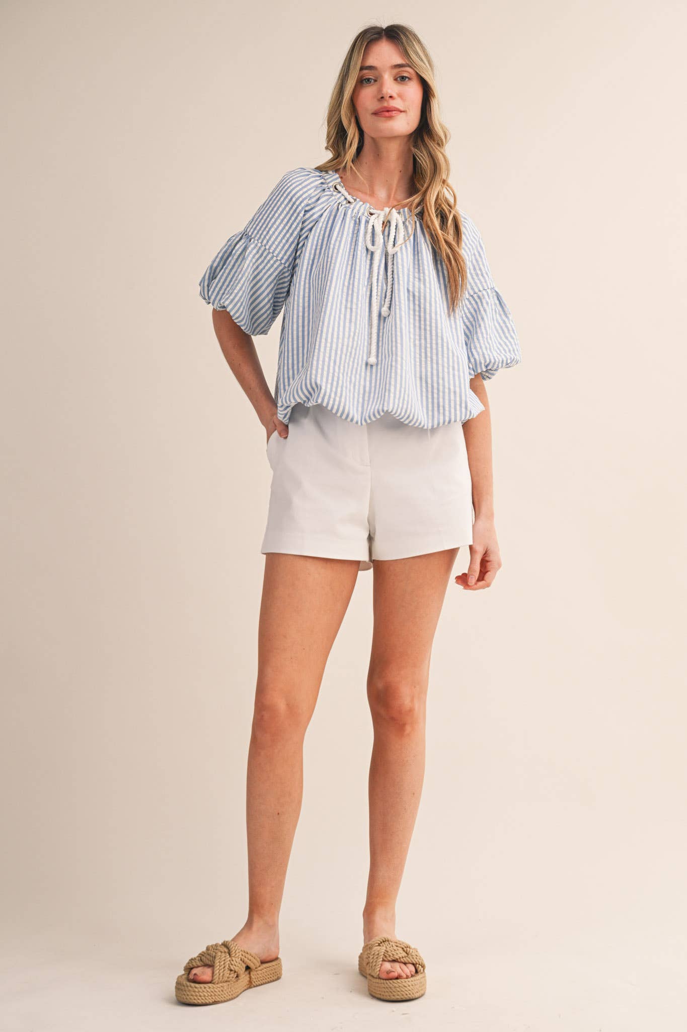 STRIPED BUBBLE TOP WITH GROMMET NECKLINE MTP4529