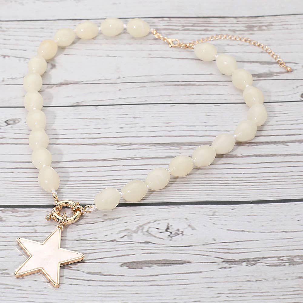 Mother of Pearl Star Pendant Marbled Pebble Beaded Necklace