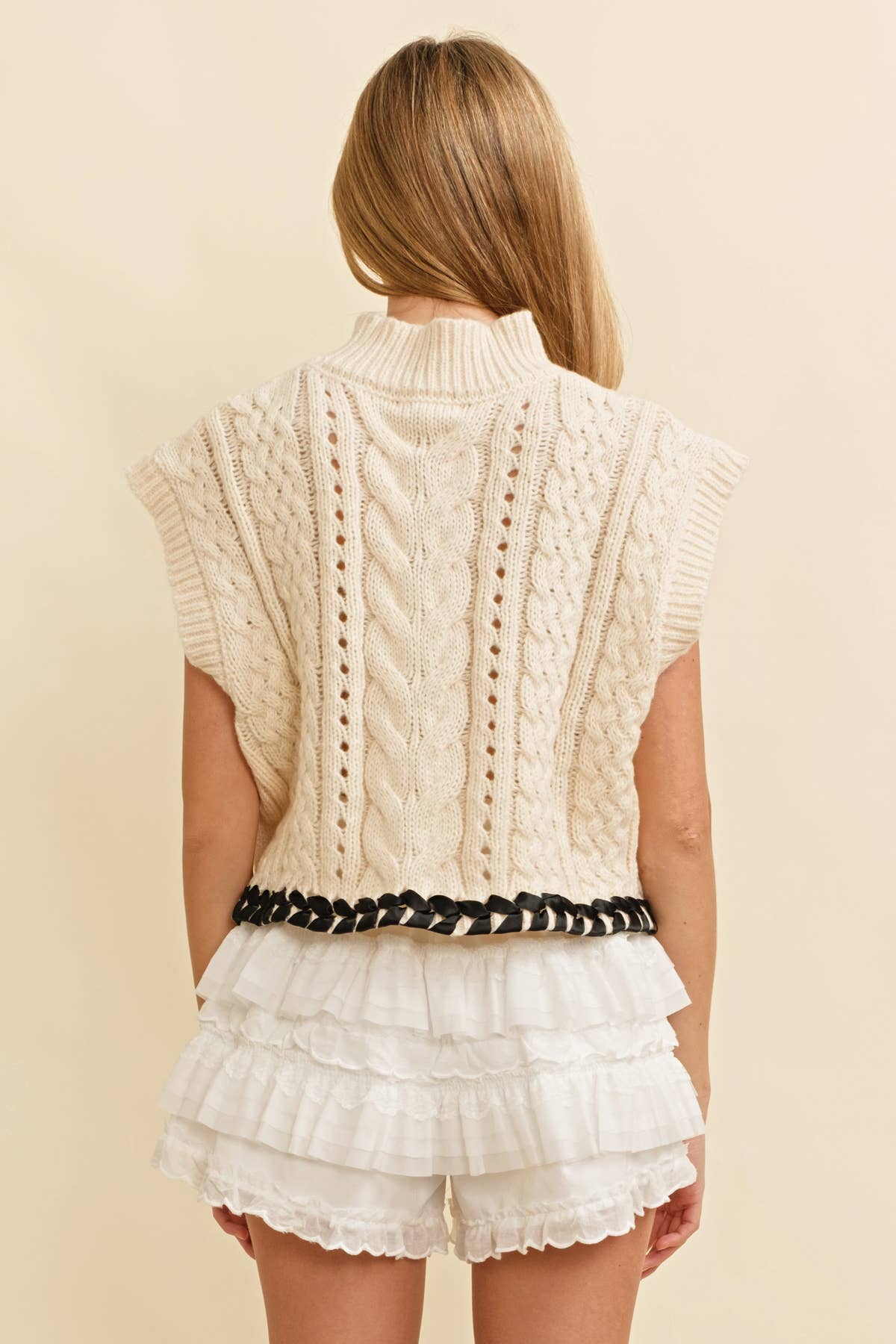 CSW13362K - CABLE KNIT DROP SHOULDER CONTRAST STITCH SWEATER