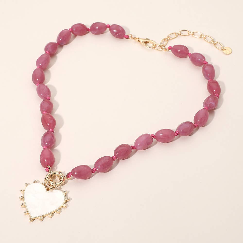 Mother of Pearl Heart Pendant Marbled Resin Oval Beaded Necklace