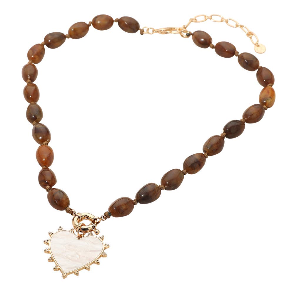 Mother of Pearl Heart Pendant Marbled Resin Oval Beaded Necklace