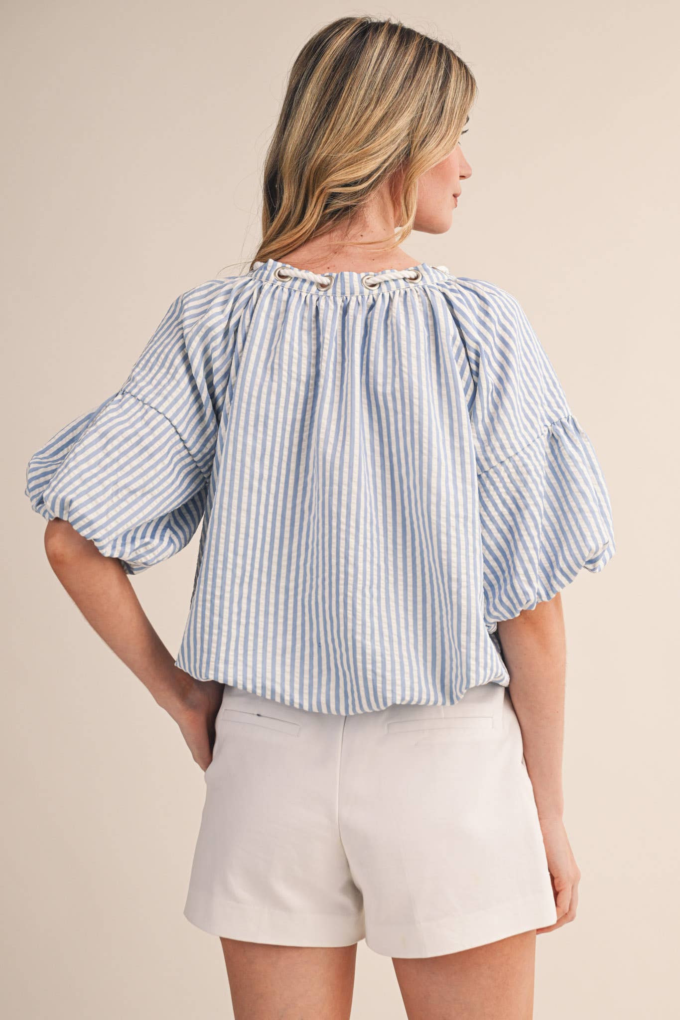 STRIPED BUBBLE TOP WITH GROMMET NECKLINE MTP4529