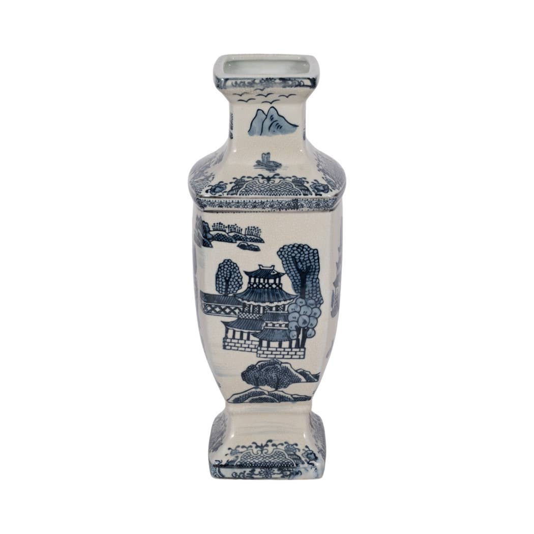 Decorative Jar - Blue Ceramic Chinoiserie Temple, 15 in.