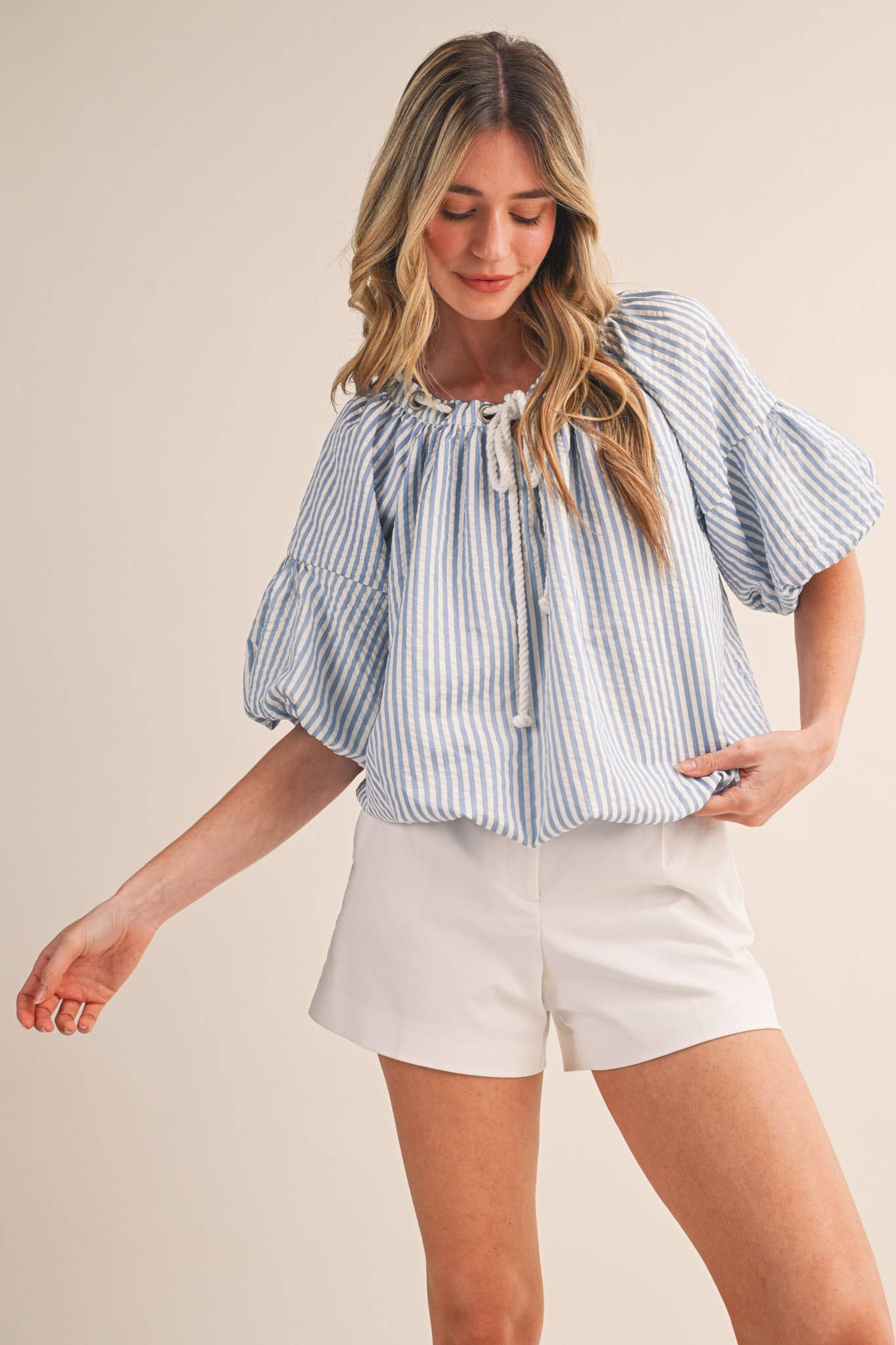 STRIPED BUBBLE TOP WITH GROMMET NECKLINE MTP4529