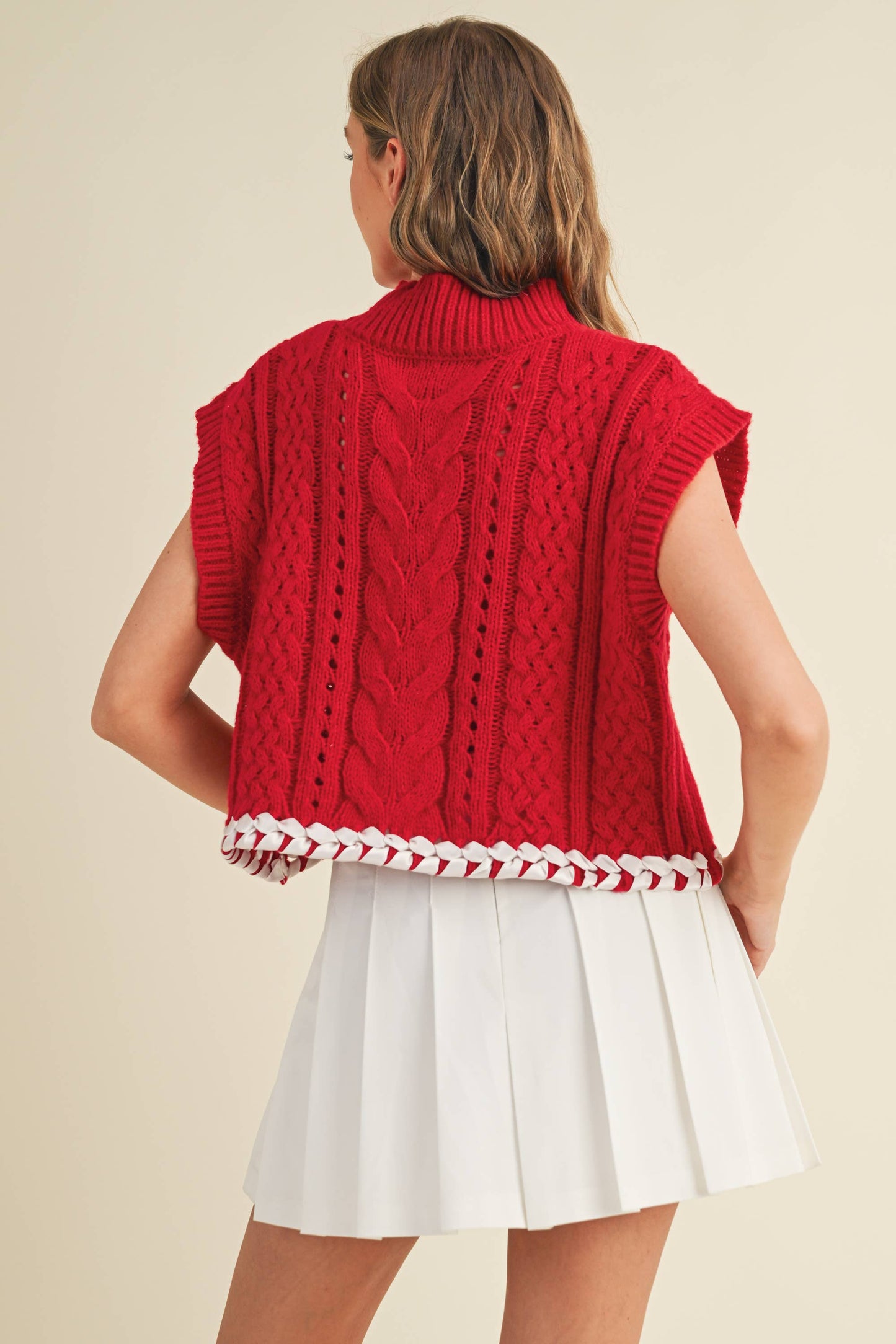CSW13362K - CABLE KNIT DROP SHOULDER CONTRAST STITCH SWEATER