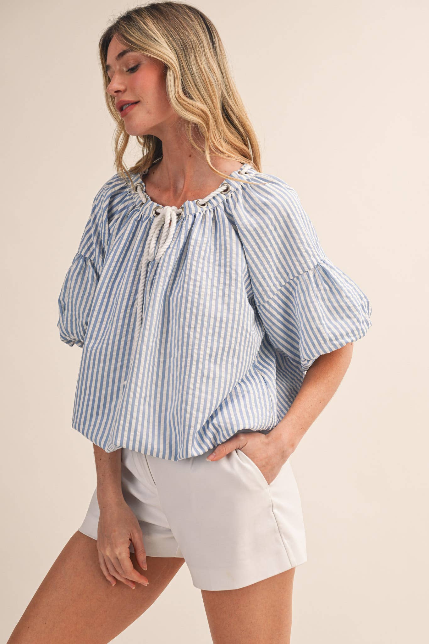 STRIPED BUBBLE TOP WITH GROMMET NECKLINE MTP4529