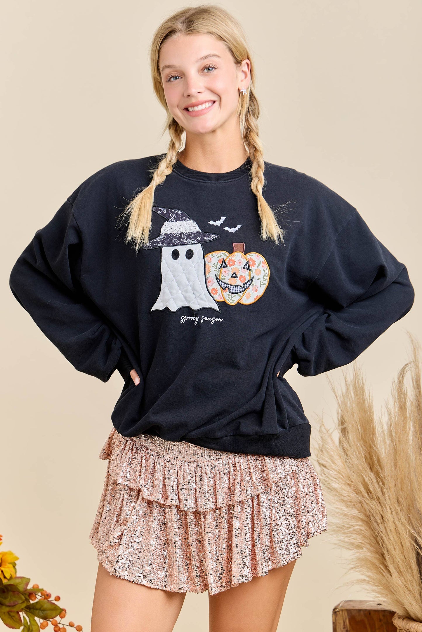Halloween Patchwork Long Sleeve Crewneck With Mineral Wash