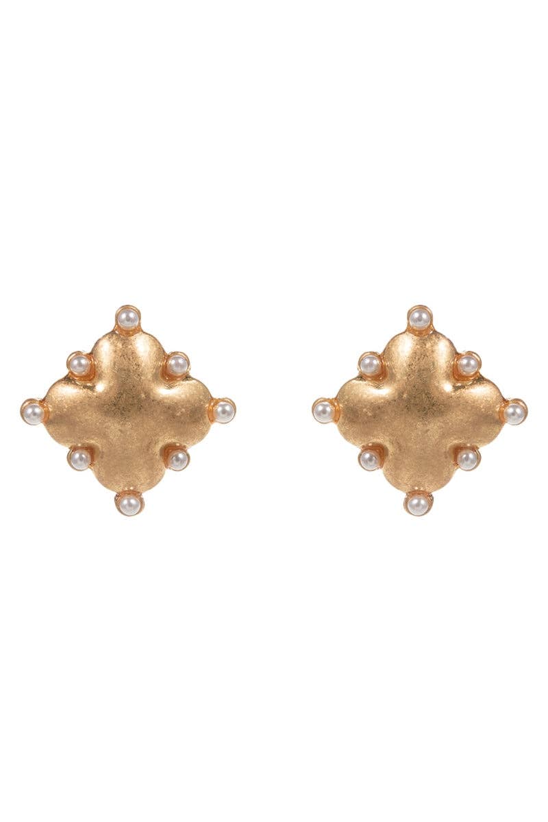 Clover Domed W Pearl Accent Titanium Post Earrings
