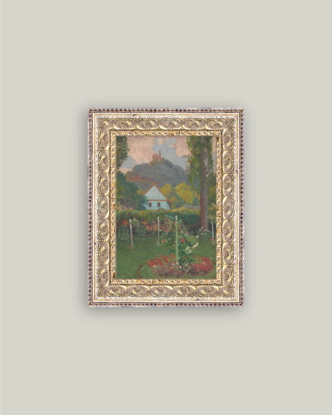 Cottage under the Castle Framed Antique Art