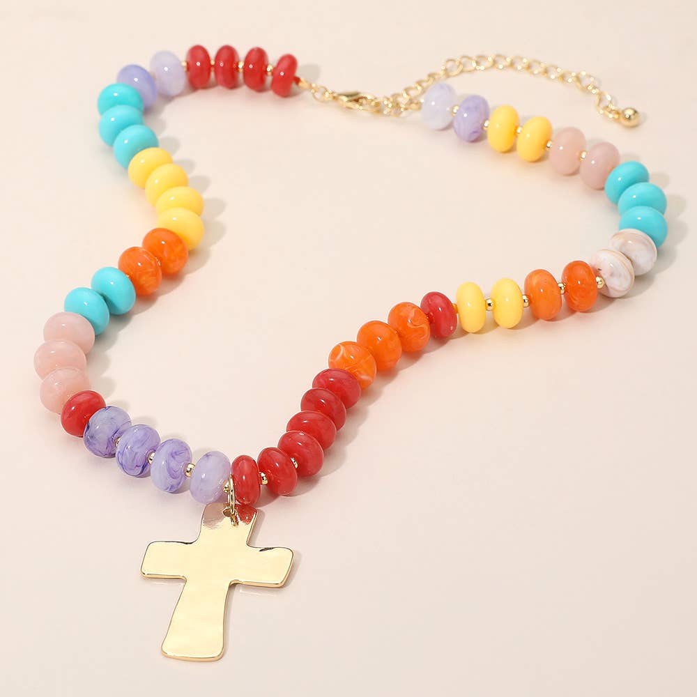 18K Gold Dipped Hammered Cross Plate Pendant Chunky Resin Disc Beaded Necklace