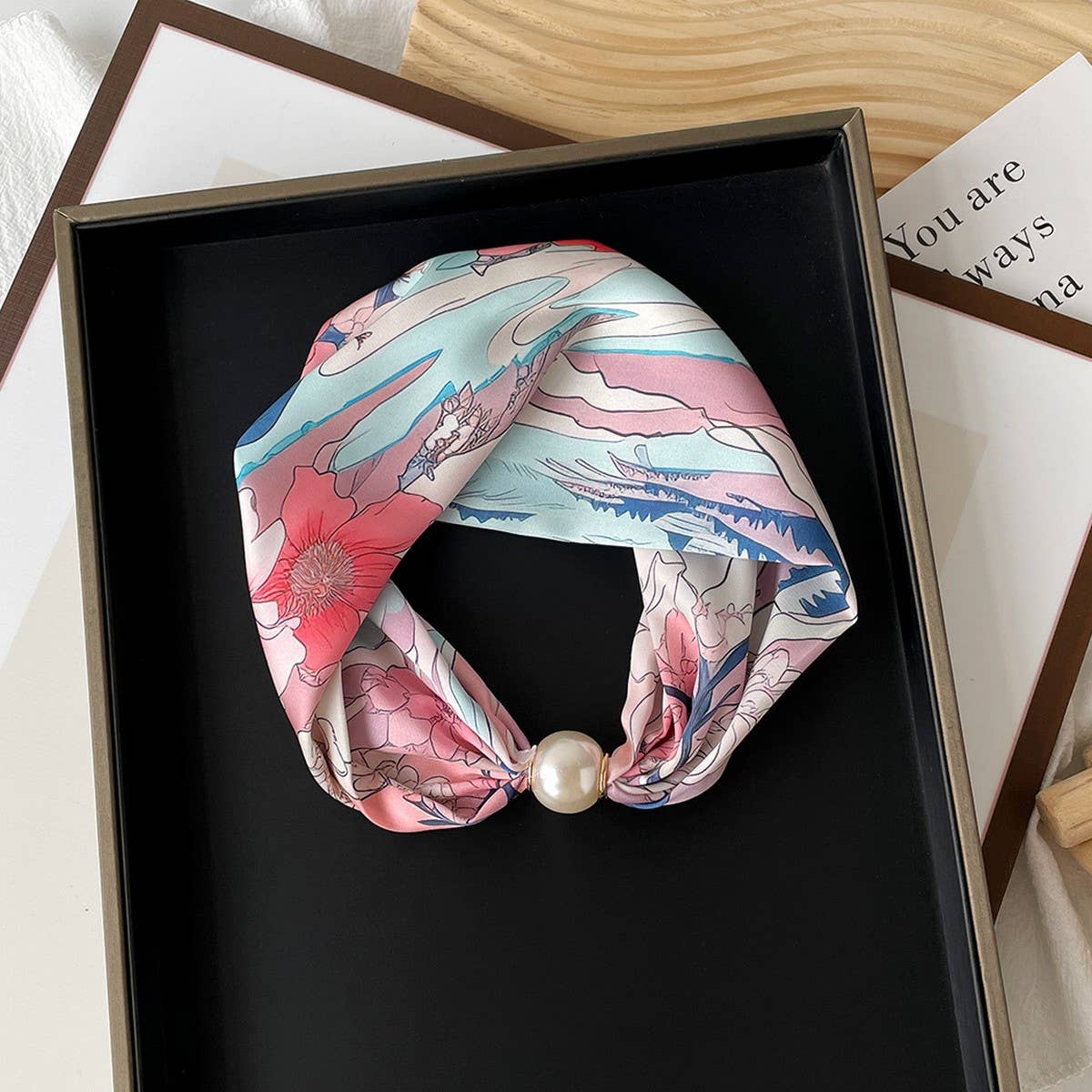 Silky Print Scarf Necklace – Pearl Magnetic Clasp_CWASC0820