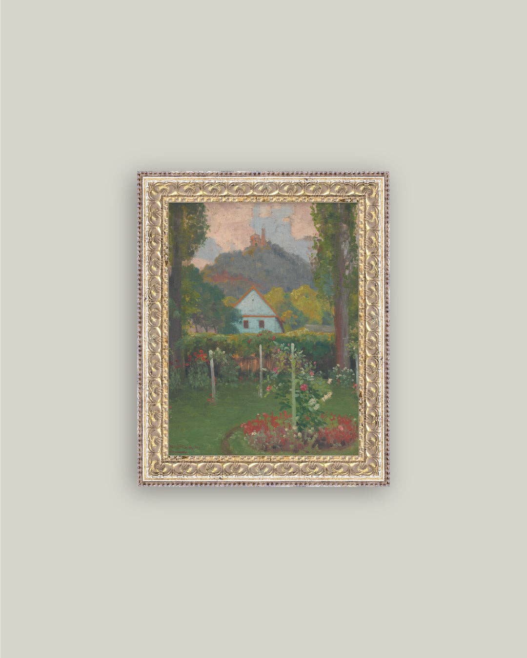 Cottage under the Castle Framed Antique Art