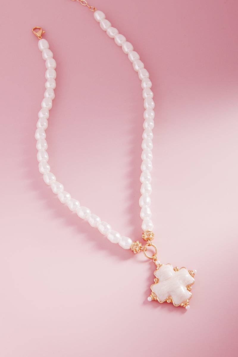 Cross Pearlized Color Enamel Pearls Short Necklace