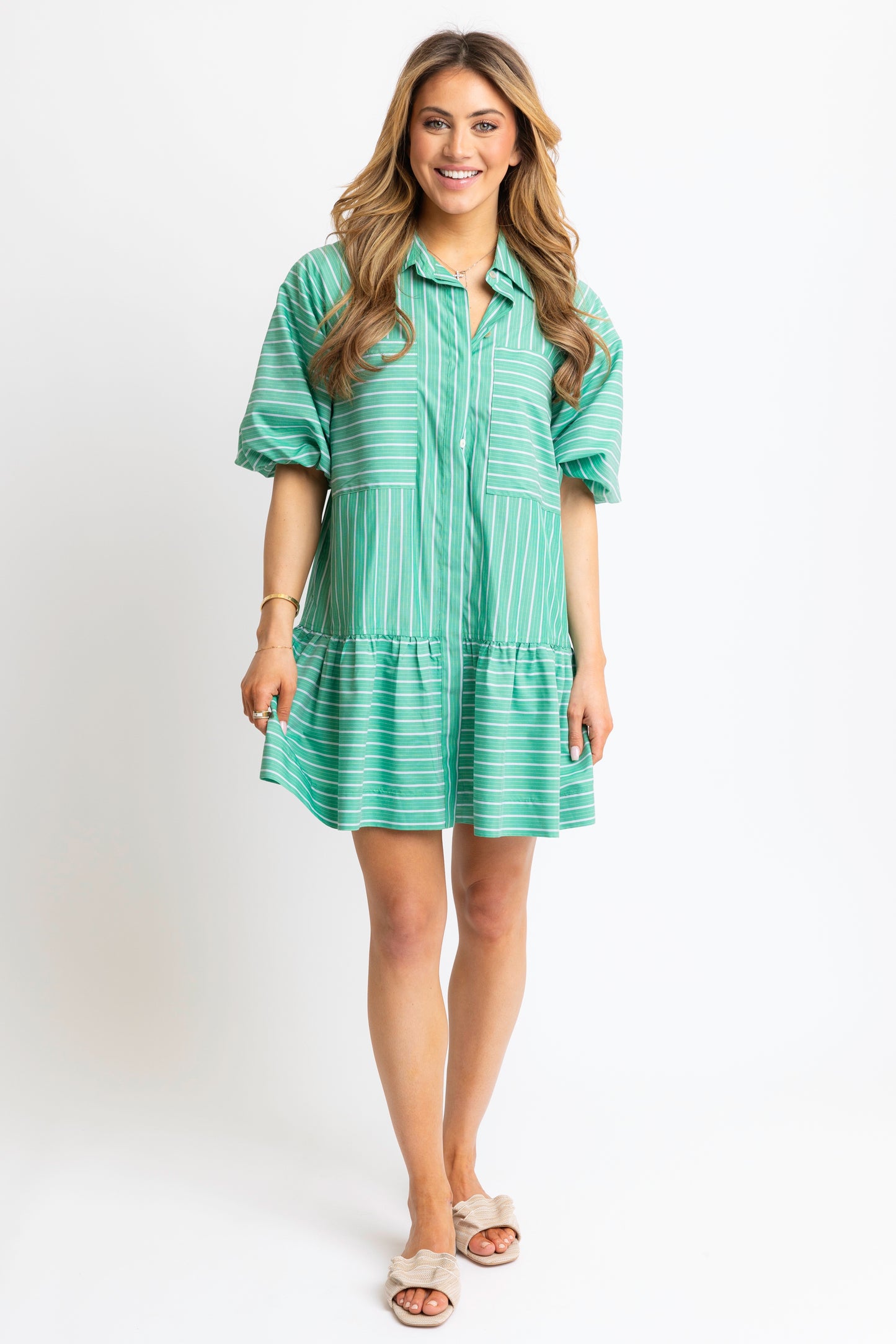 Green Striped Button Down Dress