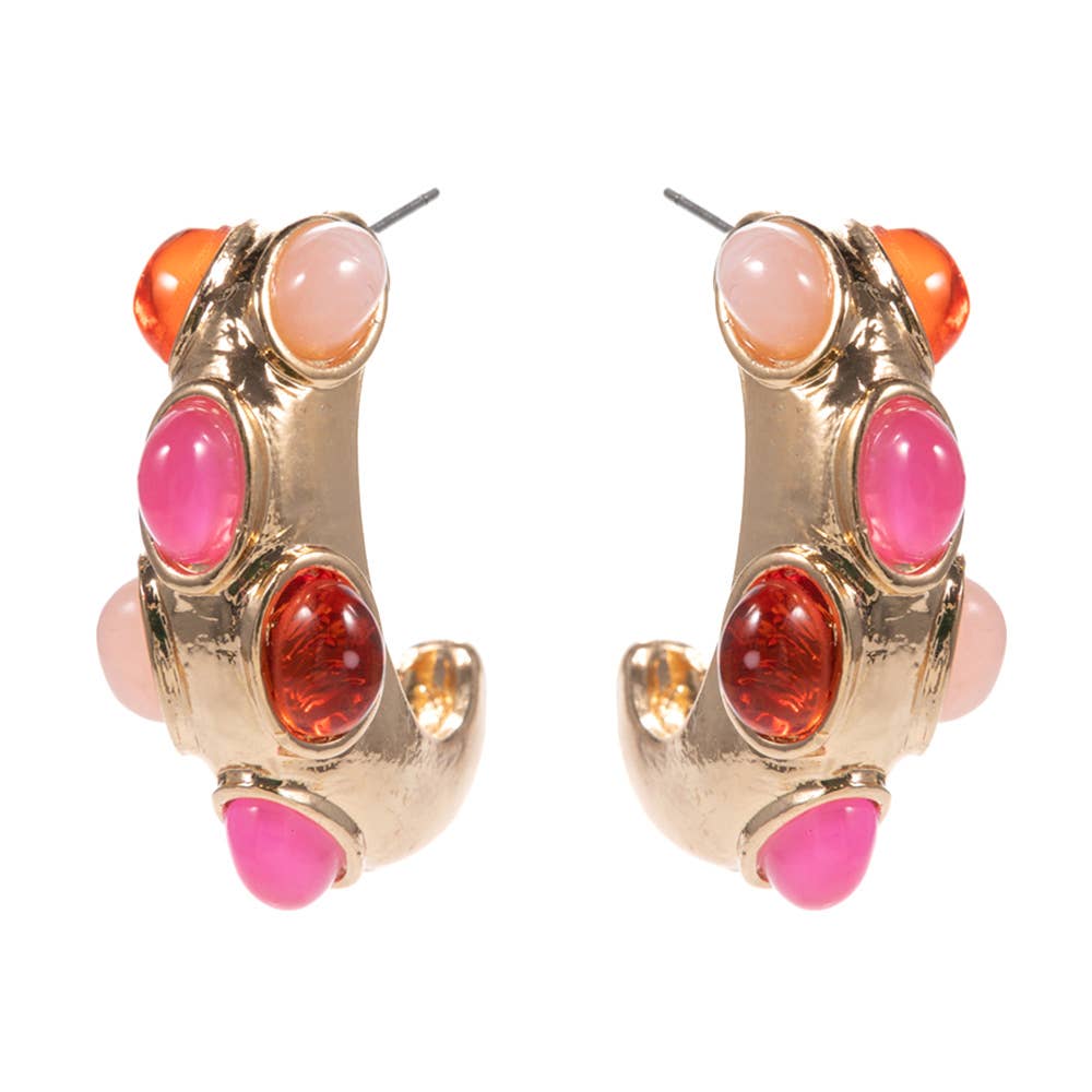 Oval Stone Embellished Chunky Hoop Earrings