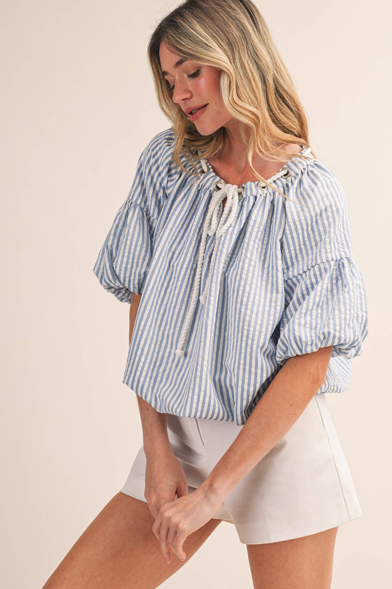 STRIPED BUBBLE TOP WITH GROMMET NECKLINE MTP4529
