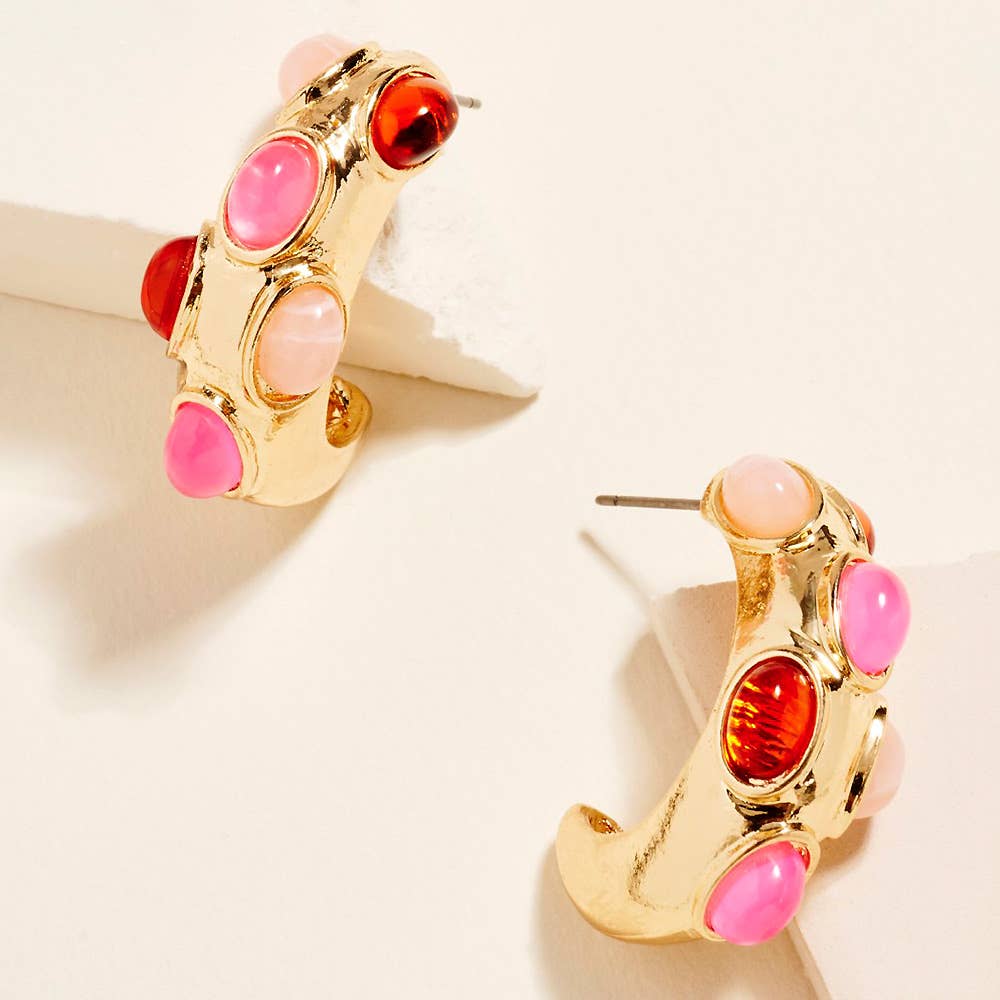 Oval Stone Embellished Chunky Hoop Earrings