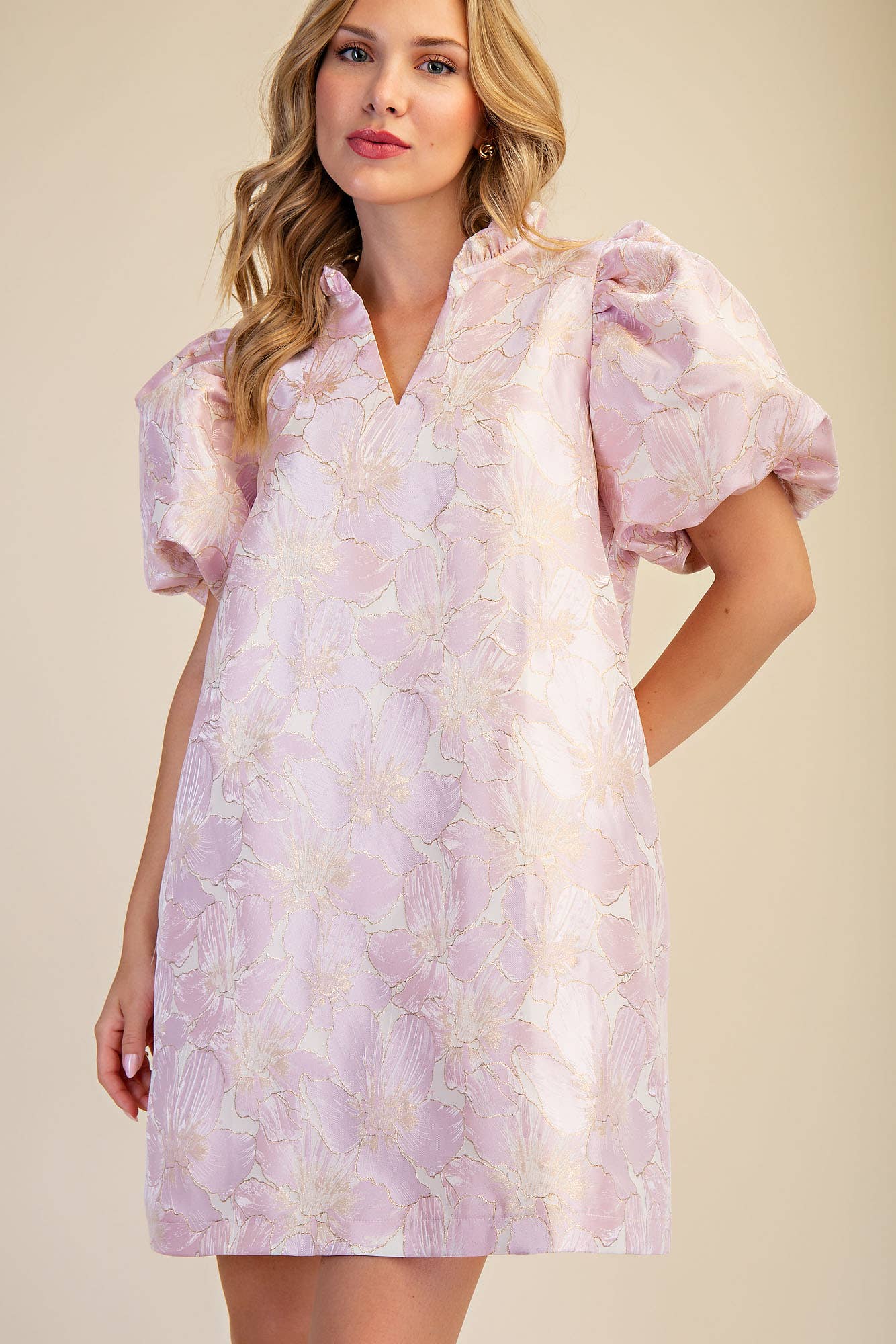 Ruffle V-Neck Puff Sleeve Mini Dress